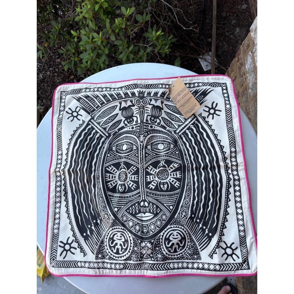 Zooloo Zimbabwe Handprinted Cotton Tribal Mask Pillow Case NWT Black/ Pink FLAWS